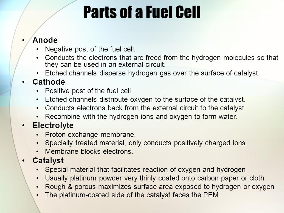 Parts of a Fuel Cell Anode Negative post of the fuel cell.