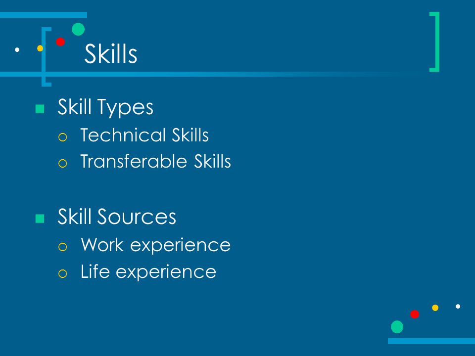 Skills Skill Types  Technical Skills  Transferable Skills Skill Sources  Work experience  Life experience
