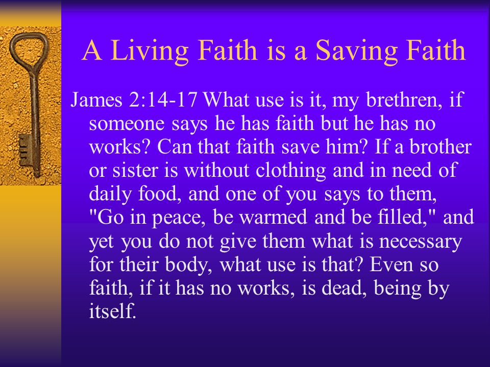A Living Faith is a Saving Faith James 2:14-17 What use is it, my brethren, if someone says he has faith but he has no works.