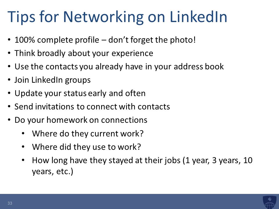 Tips for Networking on LinkedIn 100% complete profile – don’t forget the photo.