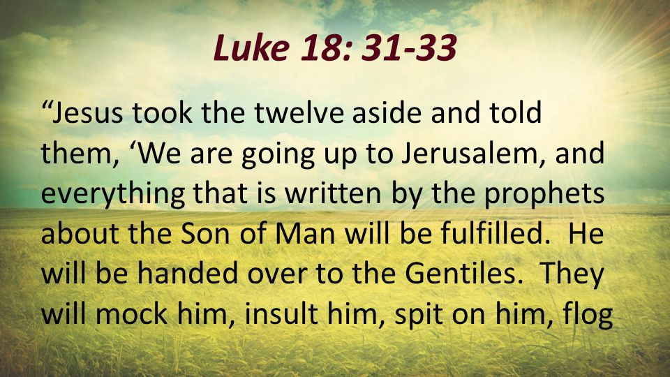 Luke 18: Jesus took the twelve aside and told them, ‘We are going up to Jerusalem, and everything that is written by the prophets about the Son of Man will be fulfilled.