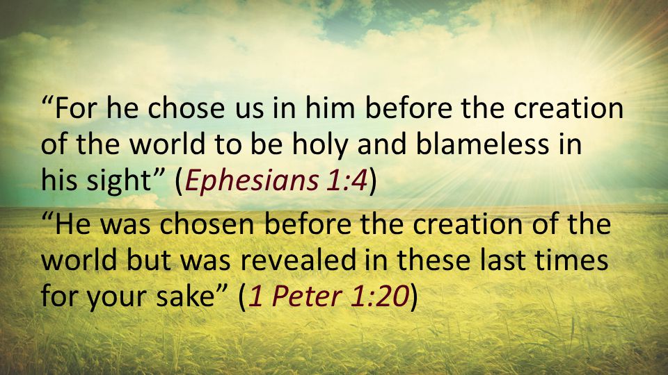 For he chose us in him before the creation of the world to be holy and blameless in his sight (Ephesians 1:4) He was chosen before the creation of the world but was revealed in these last times for your sake (1 Peter 1:20)