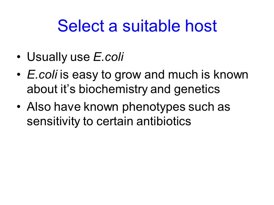 Select a suitable host Usually use E.coli E.coli is easy to grow and much is known about it’s biochemistry and genetics Also have known phenotypes such as sensitivity to certain antibiotics