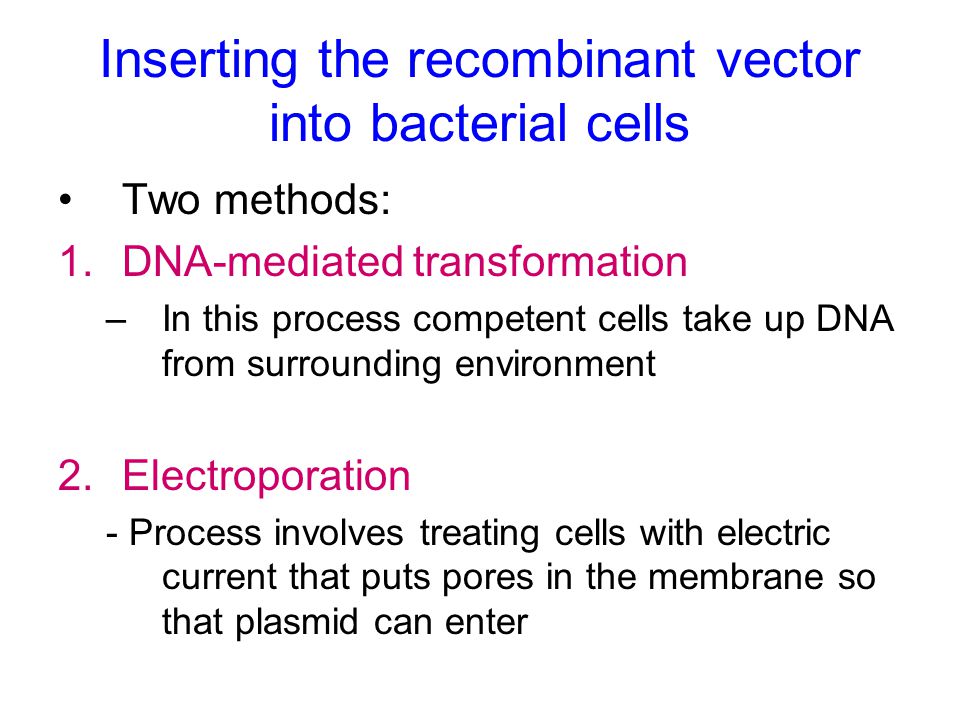 Inserting the recombinant vector into bacterial cells Two methods: 1.DNA-mediated transformation –In this process competent cells take up DNA from surrounding environment 2.Electroporation - Process involves treating cells with electric current that puts pores in the membrane so that plasmid can enter