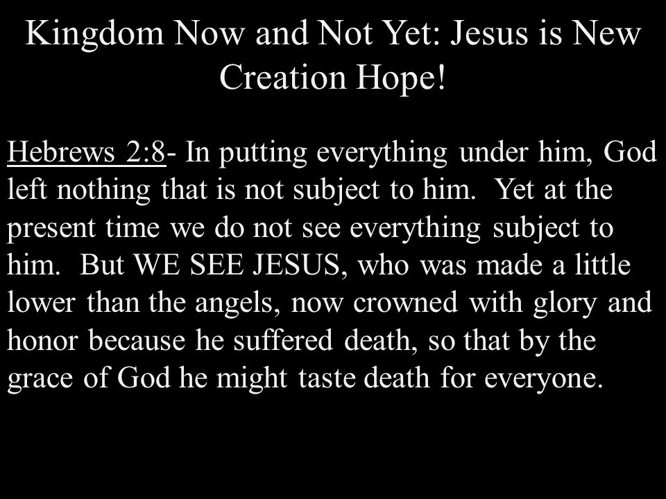 Kingdom Now and Not Yet: Jesus is New Creation Hope.