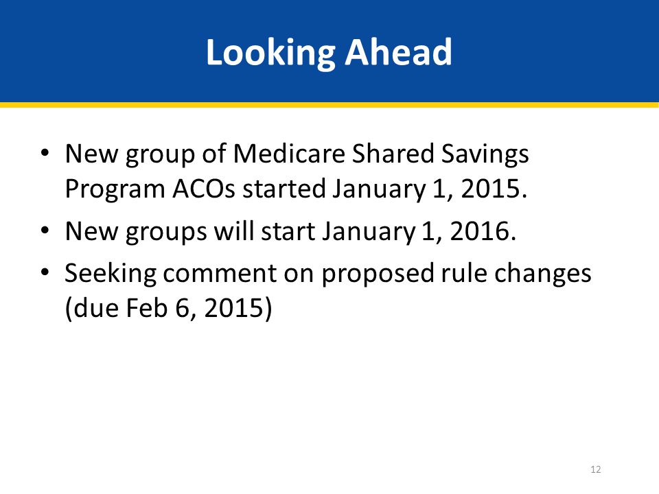 Looking Ahead New group of Medicare Shared Savings Program ACOs started January 1, 2015.