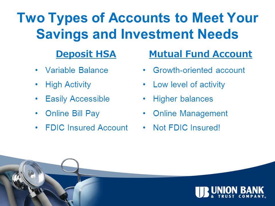 Two Types of Accounts to Meet Your Savings and Investment Needs Deposit HSA Variable Balance High Activity Easily Accessible Online Bill Pay FDIC Insured Account Mutual Fund Account Growth-oriented account Low level of activity Higher balances Online Management Not FDIC Insured!