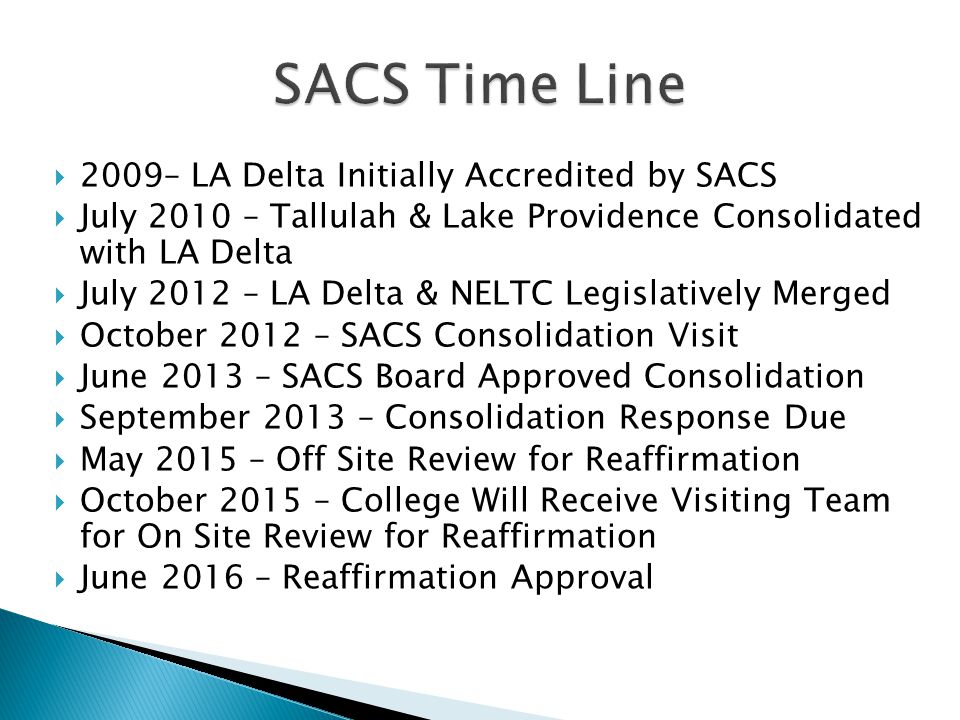  2009– LA Delta Initially Accredited by SACS  July 2010 – Tallulah & Lake Providence Consolidated with LA Delta  July 2012 – LA Delta & NELTC Legislatively Merged  October 2012 – SACS Consolidation Visit  June 2013 – SACS Board Approved Consolidation  September 2013 – Consolidation Response Due  May 2015 – Off Site Review for Reaffirmation  October 2015 – College Will Receive Visiting Team for On Site Review for Reaffirmation  June 2016 – Reaffirmation Approval
