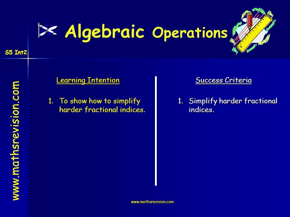Learning Intention Success Criteria 1.To show how to simplify harder fractional indices.