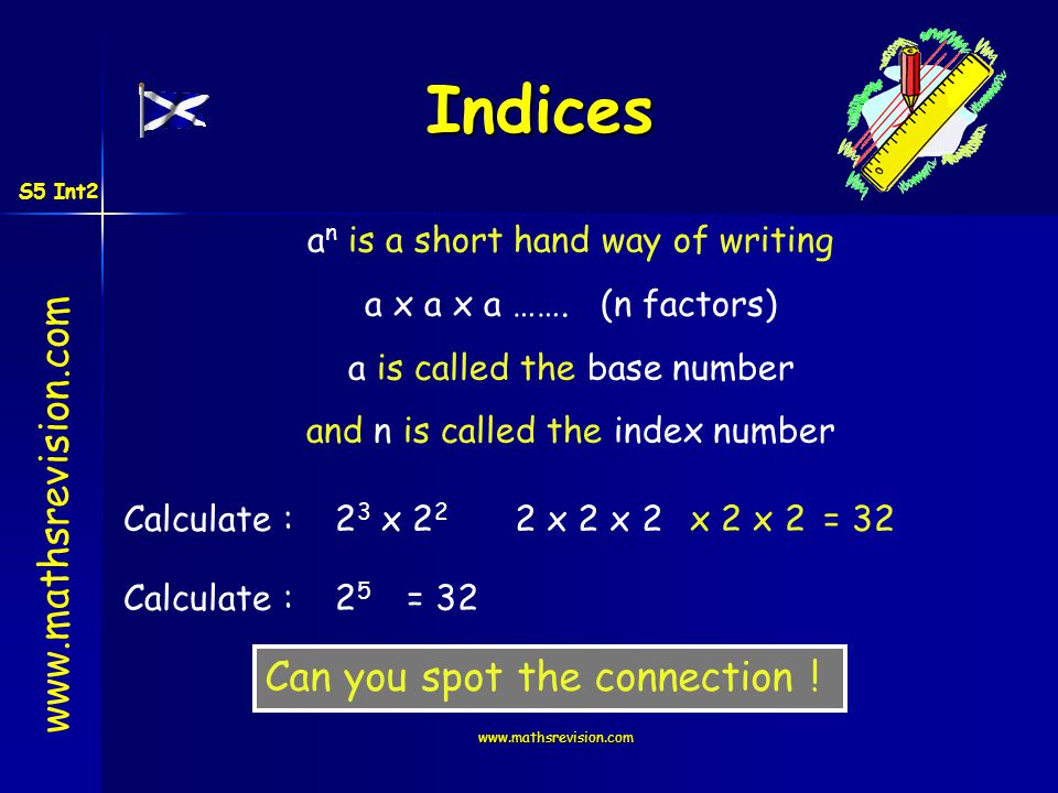 Indices a n is a short hand way of writing a x a x a …….