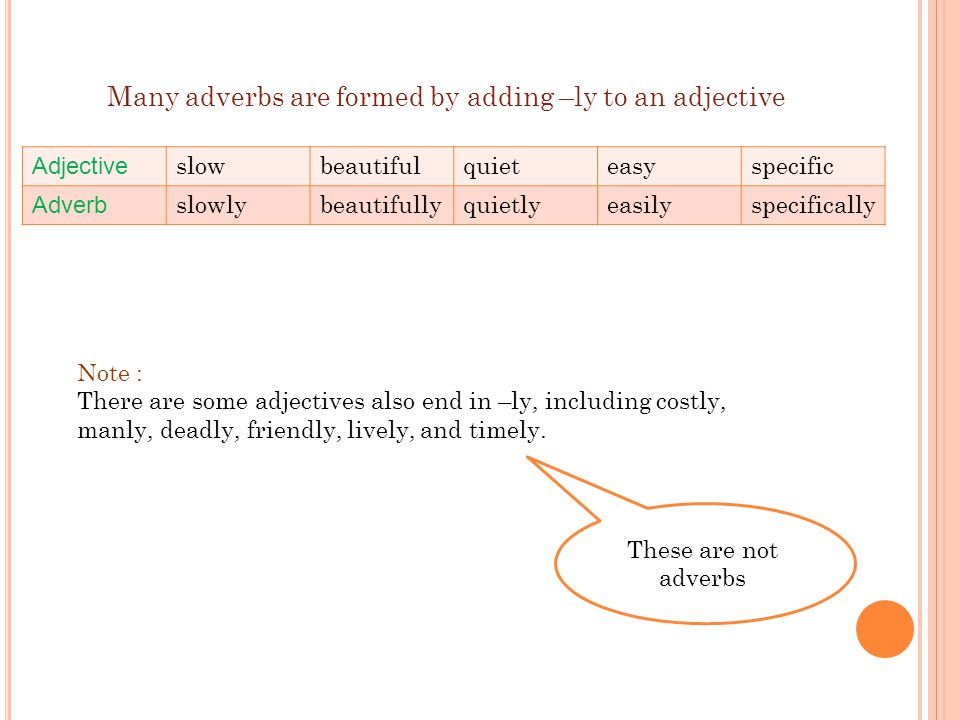 Many adverbs are formed by adding –ly to an adjective specificeasyquietbeautifulslow Adjective specificallyeasilyquietlybeautifullyslowly Adverb Note : There are some adjectives also end in –ly, including costly, manly, deadly, friendly, lively, and timely.