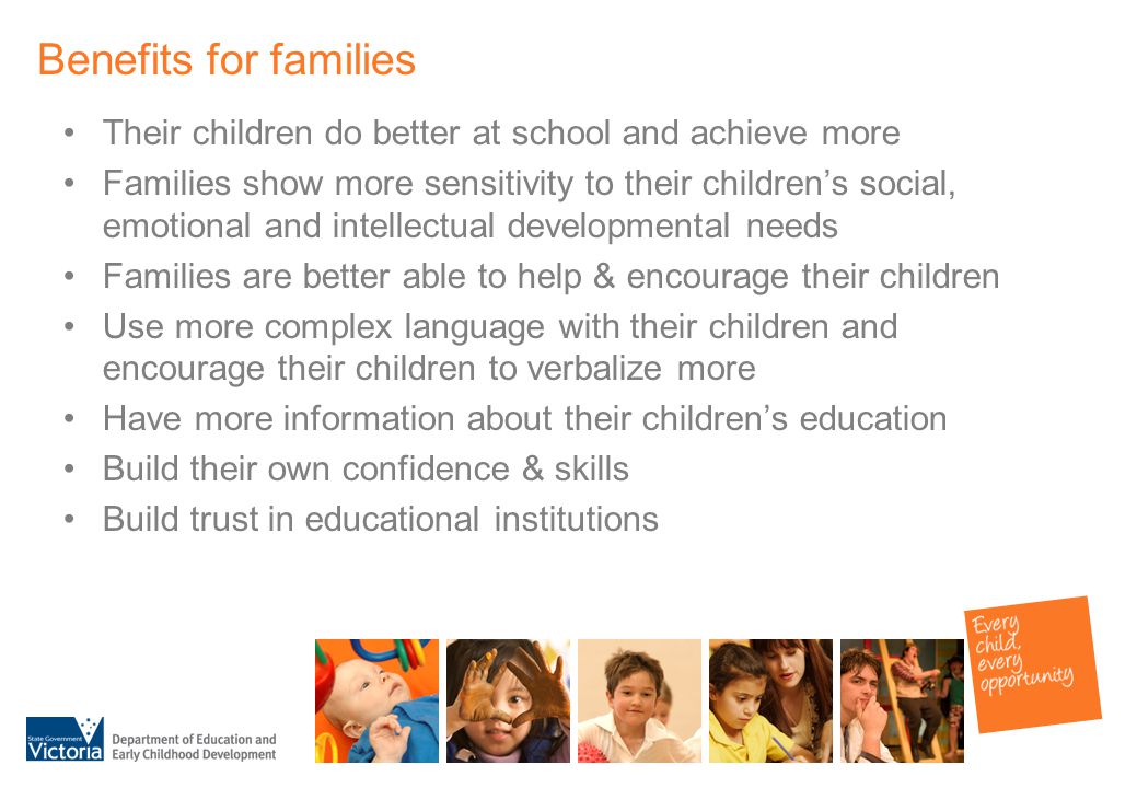 Benefits for families Their children do better at school and achieve more Families show more sensitivity to their children’s social, emotional and intellectual developmental needs Families are better able to help & encourage their children Use more complex language with their children and encourage their children to verbalize more Have more information about their children’s education Build their own confidence & skills Build trust in educational institutions