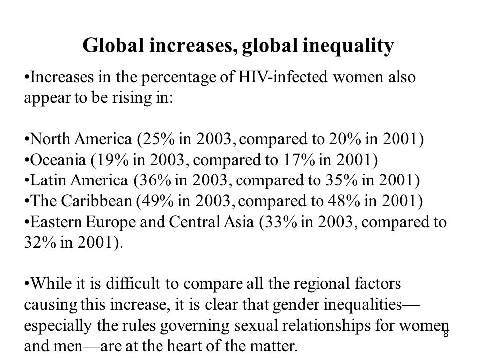 8 Global increases, global inequality Increases in the percentage of HIV-infected women also appear to be rising in: North America (25% in 2003, compared to 20% in 2001) Oceania (19% in 2003, compared to 17% in 2001) Latin America (36% in 2003, compared to 35% in 2001) The Caribbean (49% in 2003, compared to 48% in 2001) Eastern Europe and Central Asia (33% in 2003, compared to 32% in 2001).