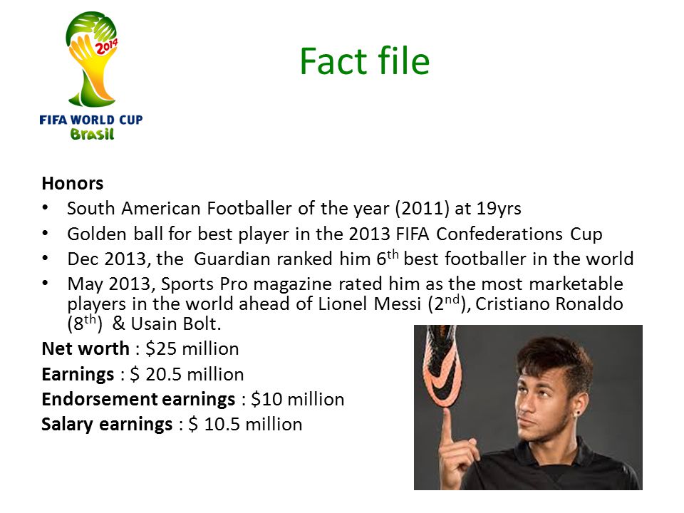 Fact file Honors South American Footballer of the year (2011) at 19yrs Golden ball for best player in the 2013 FIFA Confederations Cup Dec 2013, the Guardian ranked him 6 th best footballer in the world May 2013, Sports Pro magazine rated him as the most marketable players in the world ahead of Lionel Messi (2 nd ), Cristiano Ronaldo (8 th ) & Usain Bolt.