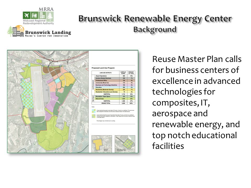 Reuse Master Plan calls for business centers of excellence in advanced technologies for composites, IT, aerospace and renewable energy, and top notch educational facilities