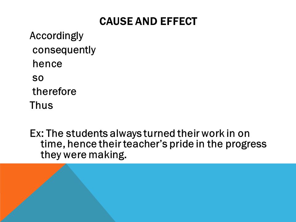 CAUSE AND EFFECT Accordingly consequently hence so therefore Thus Ex: The students always turned their work in on time, hence their teacher’s pride in the progress they were making.