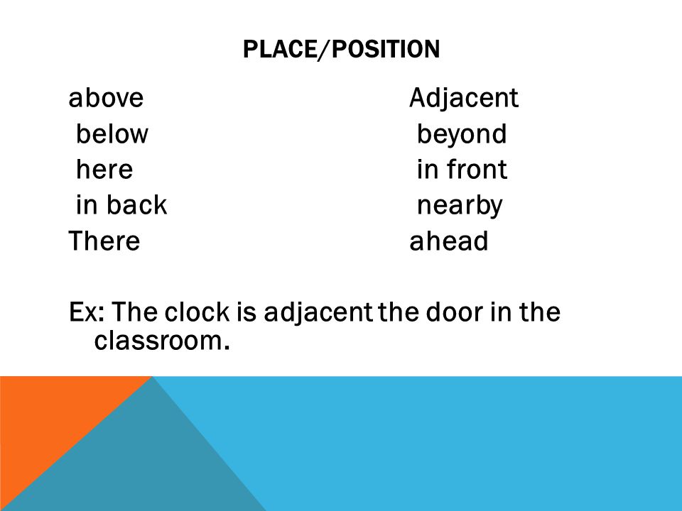 PLACE/POSITION aboveAdjacent below beyond here in front in back nearby Thereahead Ex: The clock is adjacent the door in the classroom.