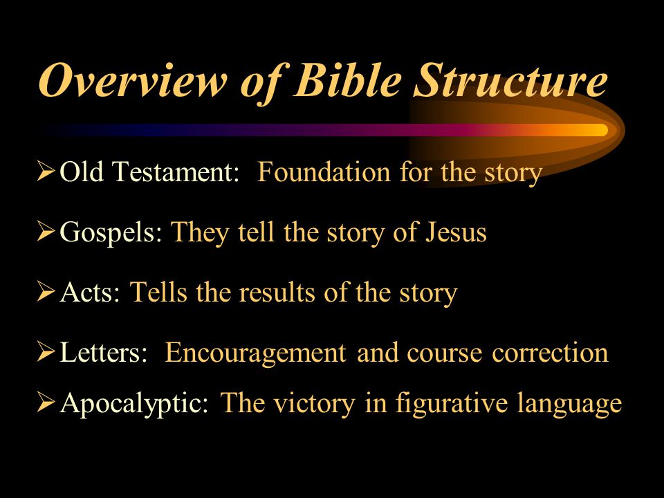 Overview of Bible Structure  Old Testament: Foundation for the story  Gospels: They tell the story of Jesus  Acts: Tells the results of the story  Letters: Encouragement and course correction  Apocalyptic: The victory in figurative language