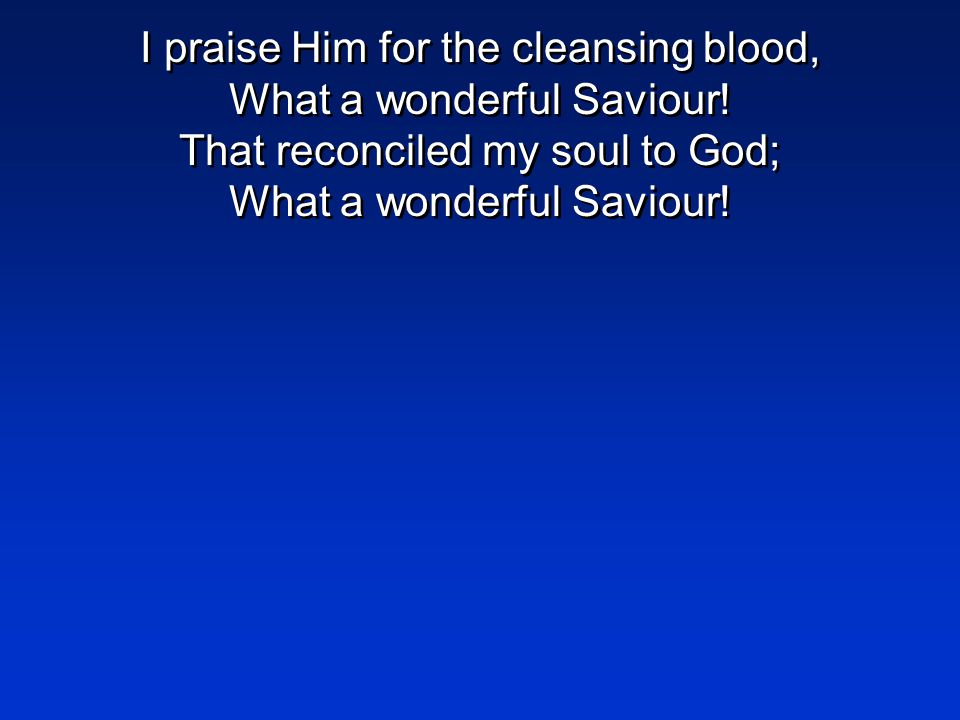 I praise Him for the cleansing blood, What a wonderful Saviour.