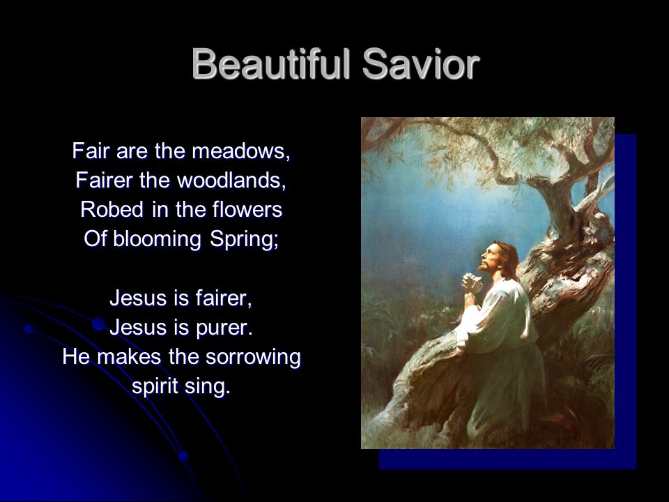 Beautiful Savior Fair are the meadows, Fairer the woodlands, Robed in the flowers Of blooming Spring; Jesus is fairer, Jesus is purer.