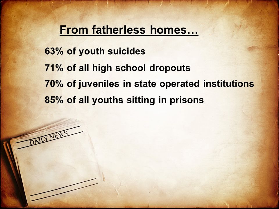 63% of youth suicides 71% of all high school dropouts 70% of juveniles in state operated institutions 85% of all youths sitting in prisons From fatherless homes…