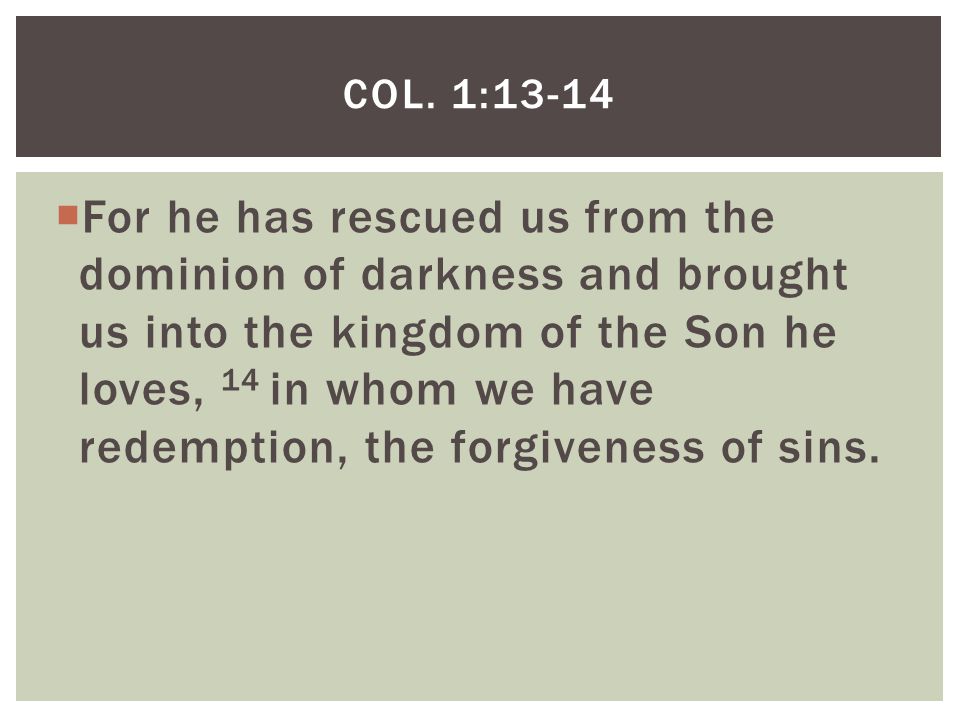  For he has rescued us from the dominion of darkness and brought us into the kingdom of the Son he loves, 14 in whom we have redemption, the forgiveness of sins.