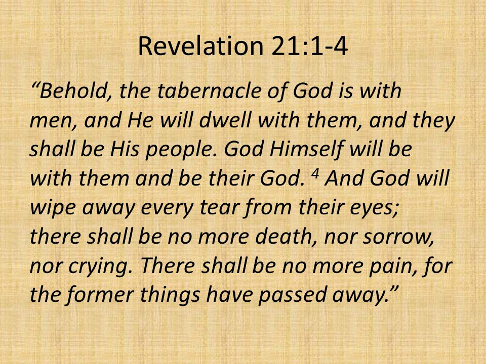 Revelation 21:1-4 Behold, the tabernacle of God is with men, and He will dwell with them, and they shall be His people.