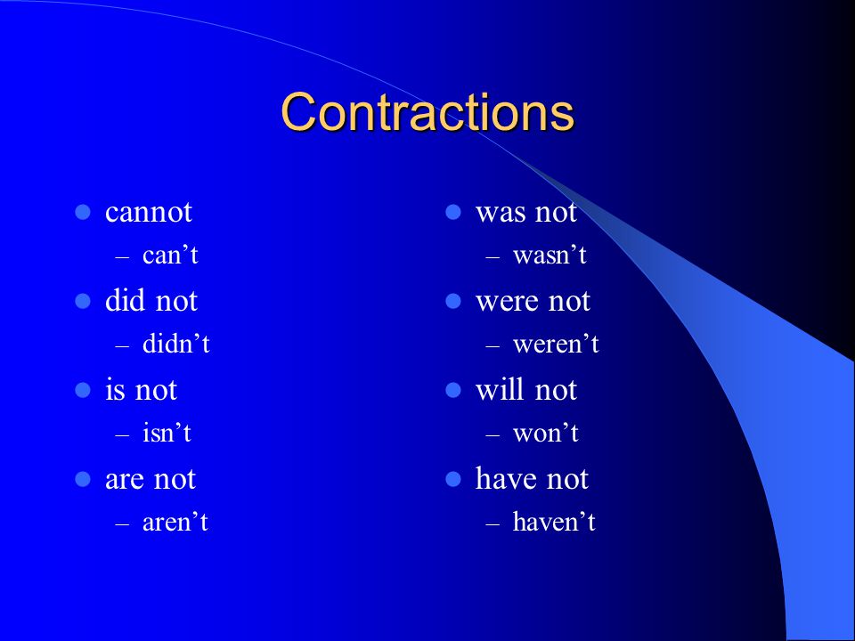 Contractions cannot – can’t did not – didn’t is not – isn’t are not – aren’t was not – wasn’t were not – weren’t will not – won’t have not – haven’t