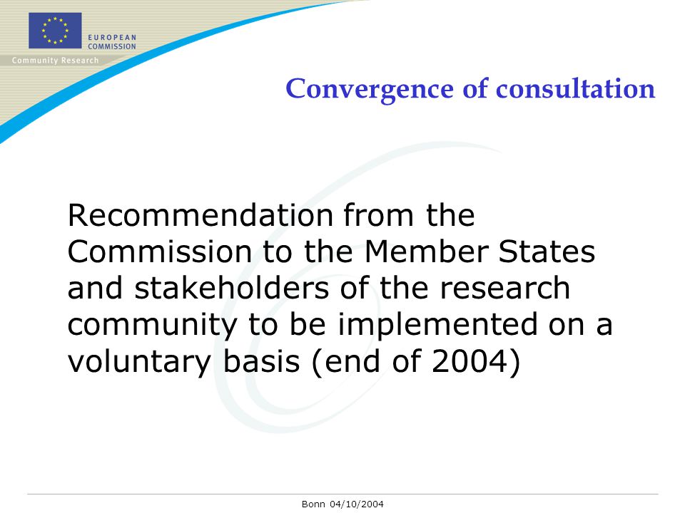 Bonn 04/10/2004 Convergence of consultation Recommendation from the Commission to the Member States and stakeholders of the research community to be implemented on a voluntary basis (end of 2004)