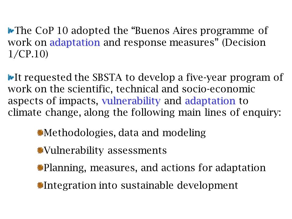 adaptation The CoP 10 adopted the Buenos Aires programme of work on adaptation and response measures (Decision 1/CP.10) vulnerability adaptation It requested the SBSTA to develop a five-year program of work on the scientific, technical and socio-economic aspects of impacts, vulnerability and adaptation to climate change, along the following main lines of enquiry: Methodologies, data and modeling Vulnerability assessments Planning, measures, and actions for adaptation Integration into sustainable development