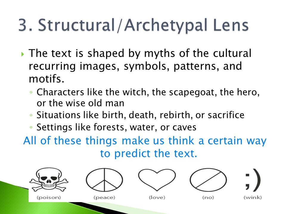  The text is shaped by myths of the cultural recurring images, symbols, patterns, and motifs.