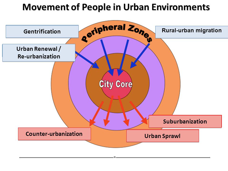 Movement of People in Urban Environments Rural-urban migration Gentrification Urban Renewal / Re-urbanization Urban Renewal / Re-urbanization Suburbanization Urban Sprawl Counter-urbanization