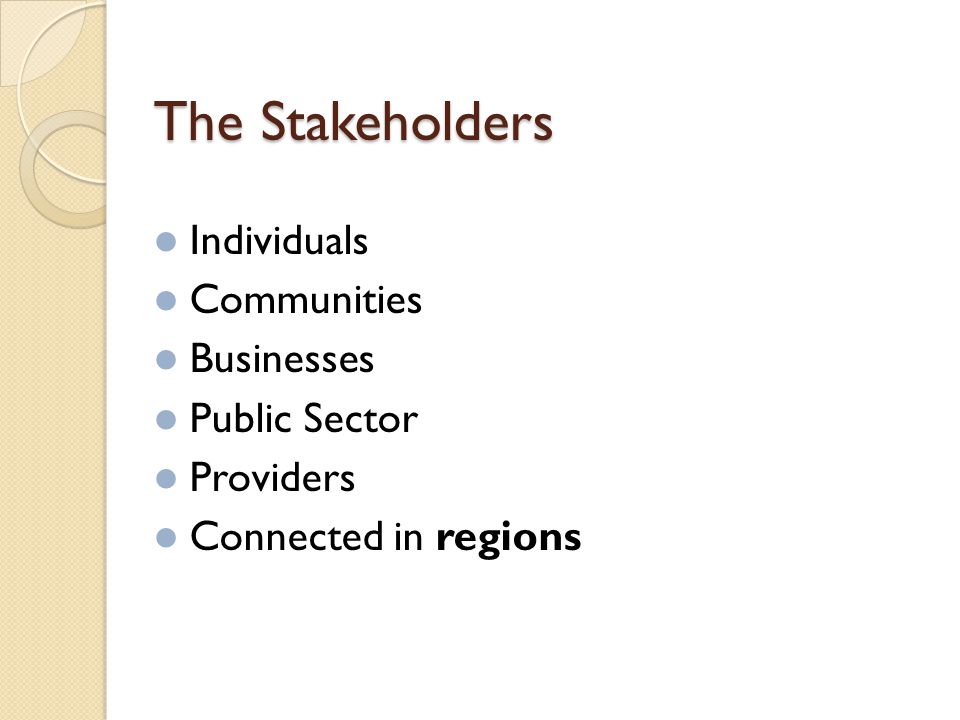 The Stakeholders Individuals Communities Businesses Public Sector Providers Connected in regions