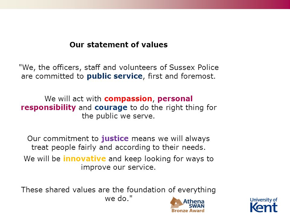 Our statement of values We, the officers, staff and volunteers of Sussex Police are committed to public service, first and foremost.