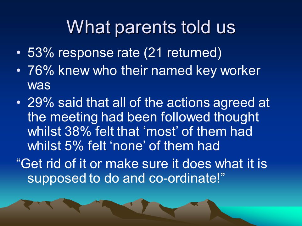 What parents told us 53% response rate (21 returned) 76% knew who their named key worker was 29% said that all of the actions agreed at the meeting had been followed thought whilst 38% felt that ‘most’ of them had whilst 5% felt ‘none’ of them had Get rid of it or make sure it does what it is supposed to do and co-ordinate!