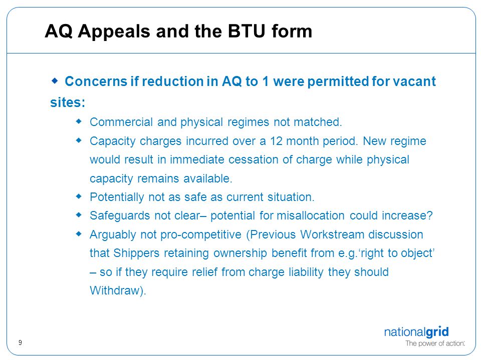 9 AQ Appeals and the BTU form  Concerns if reduction in AQ to 1 were permitted for vacant sites:  Commercial and physical regimes not matched.