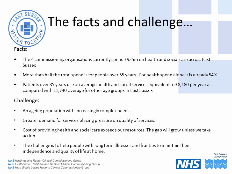 The facts and challenge… Facts:  The 4 commissioning organisations currently spend £935m on health and social care across East Sussex  More than half the total spend is for people over 65 years.