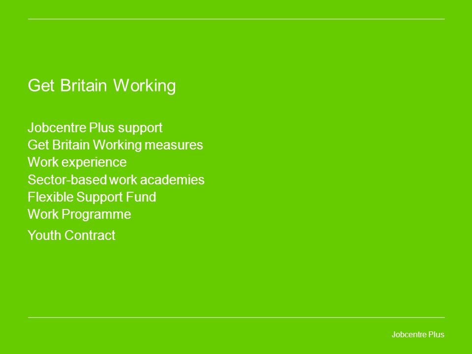 Jobcentre Plus Get Britain Working Jobcentre Plus support Get Britain Working measures Work experience Sector-based work academies Flexible Support Fund Work Programme Youth Contract