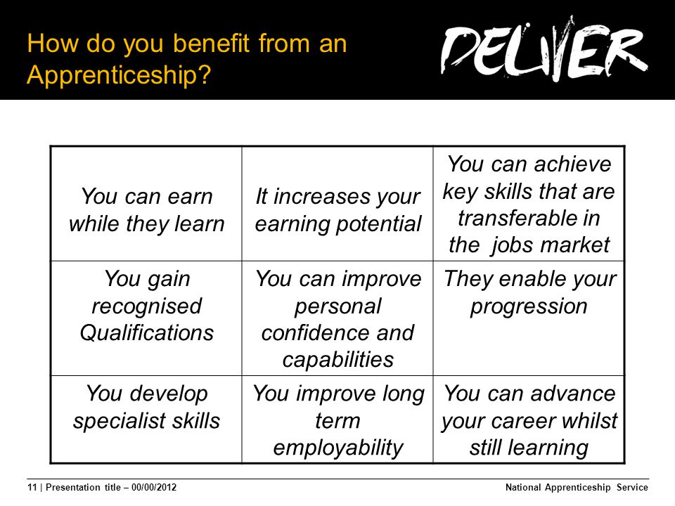 11 | Presentation title – 00/00/2012 How do you benefit from an Apprenticeship.