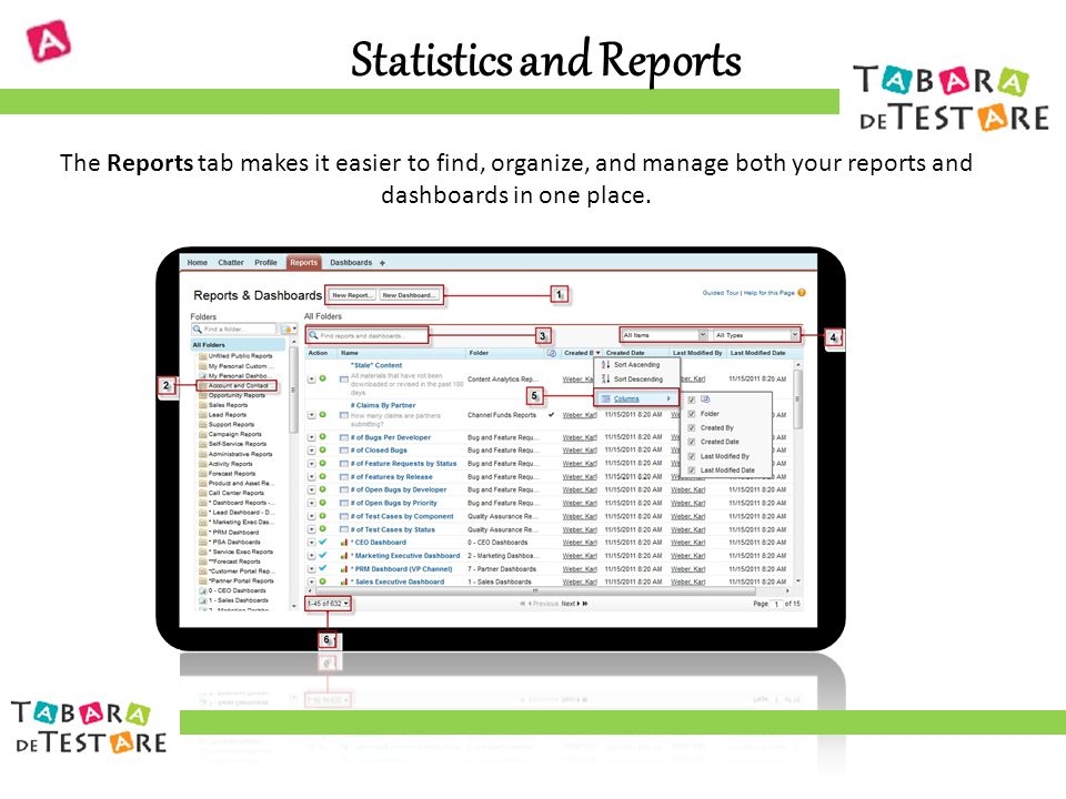 Statistics and Reports The Reports tab makes it easier to find, organize, and manage both your reports and dashboards in one place.
