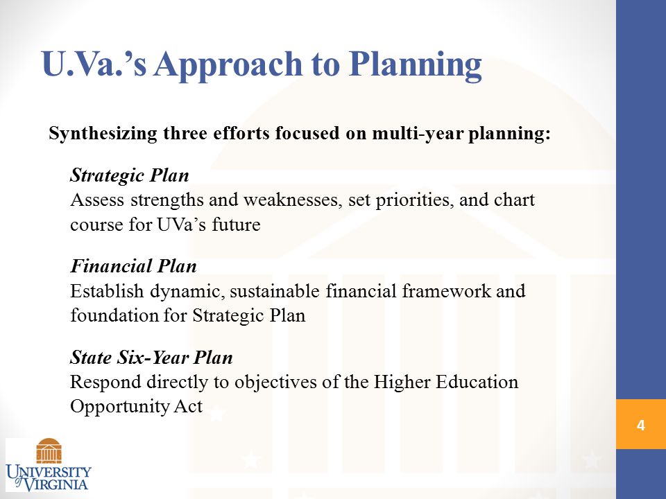 Synthesizing three efforts focused on multi-year planning: Strategic Plan Assess strengths and weaknesses, set priorities, and chart course for UVa’s future Financial Plan Establish dynamic, sustainable financial framework and foundation for Strategic Plan State Six-Year Plan Respond directly to objectives of the Higher Education Opportunity Act 4 U.Va.’s Approach to Planning