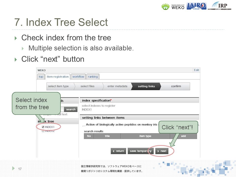 7. Index Tree Select 17  Check index from the tree  Multiple selection is also available.