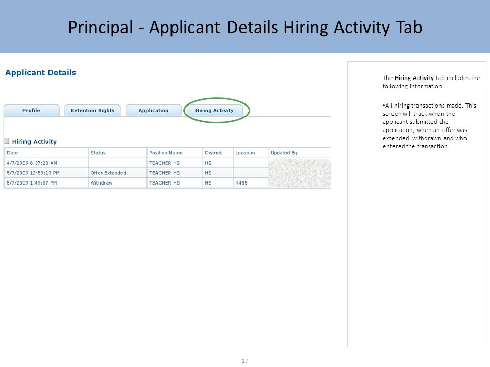 Principal - Applicant Details Hiring Activity Tab The Hiring Activity tab includes the following information… All hiring transactions made.