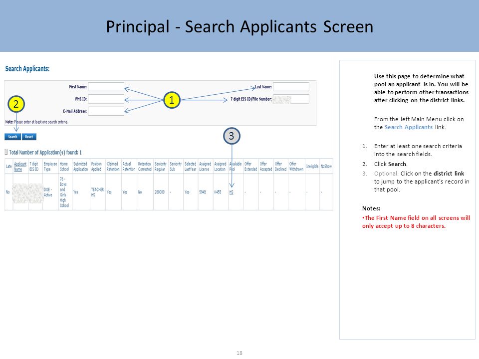Principal - Search Applicants Screen Use this page to determine what pool an applicant is in.