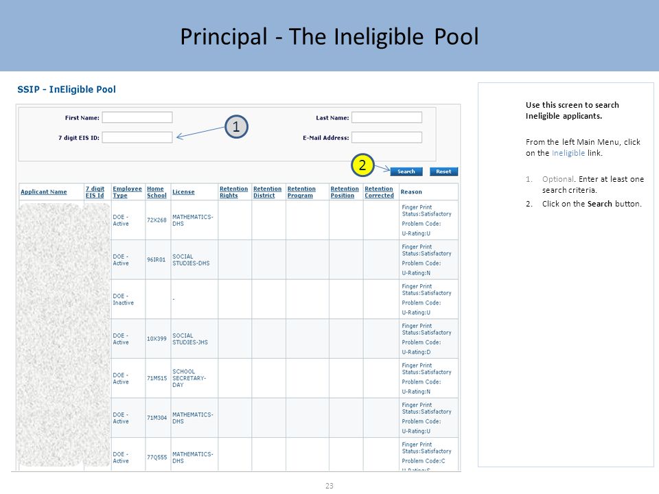 Principal - The Ineligible Pool Use this screen to search Ineligible applicants.