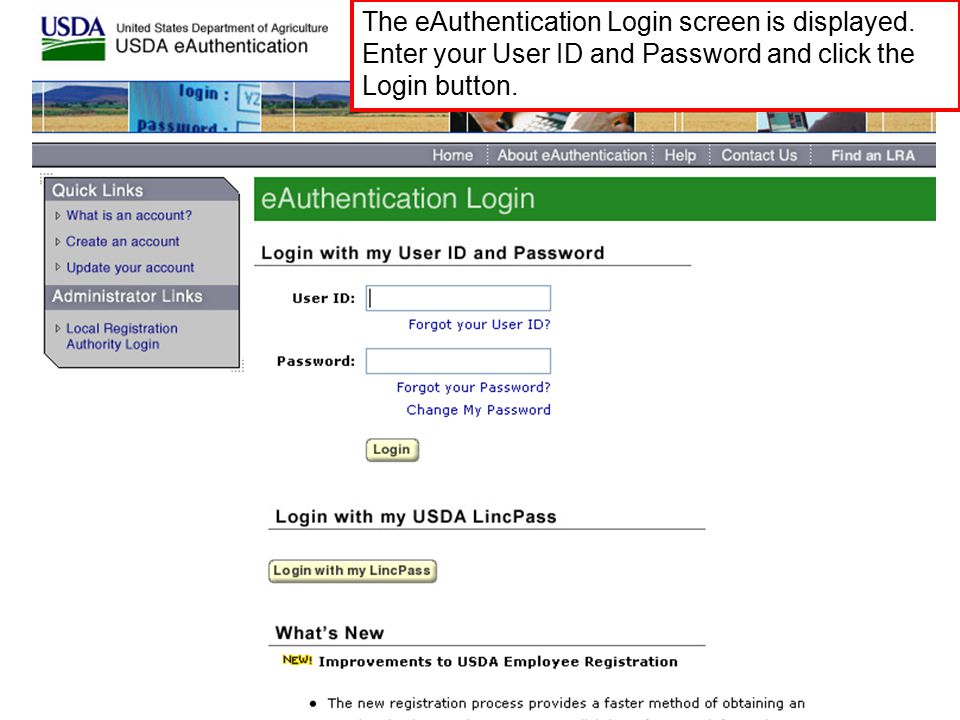 The eAuthentication Login screen is displayed.