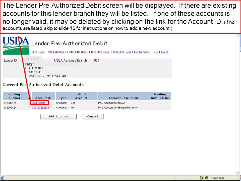 The Lender Pre-Authorized Debit screen will be displayed.