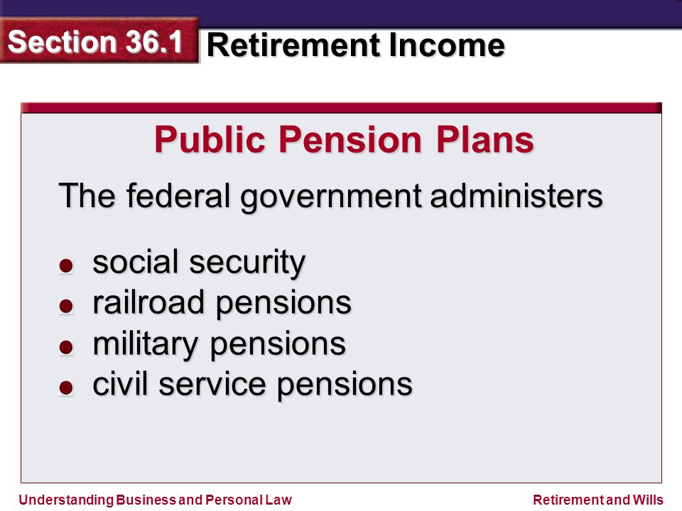 Understanding Business and Personal Law Retirement Income Section 36.1 Retirement and Wills Public Pension Plans The federal government administers social security railroad pensions military pensions civil service pensions