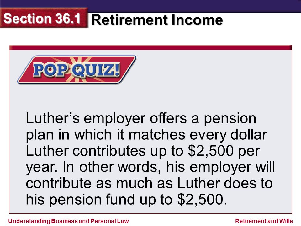 Understanding Business and Personal Law Retirement Income Section 36.1 Retirement and Wills Luther’s employer offers a pension plan in which it matches every dollar Luther contributes up to $2,500 per year.