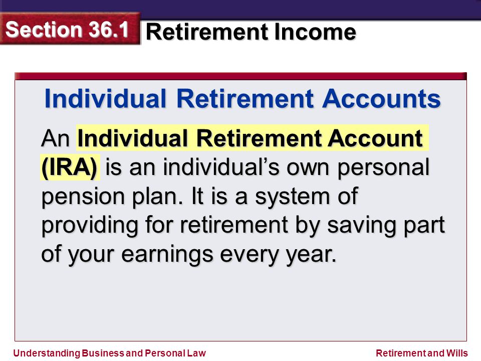 Understanding Business and Personal Law Retirement Income Section 36.1 Retirement and Wills An Individual Retirement Account (IRA) is an individual’s own personal pension plan.